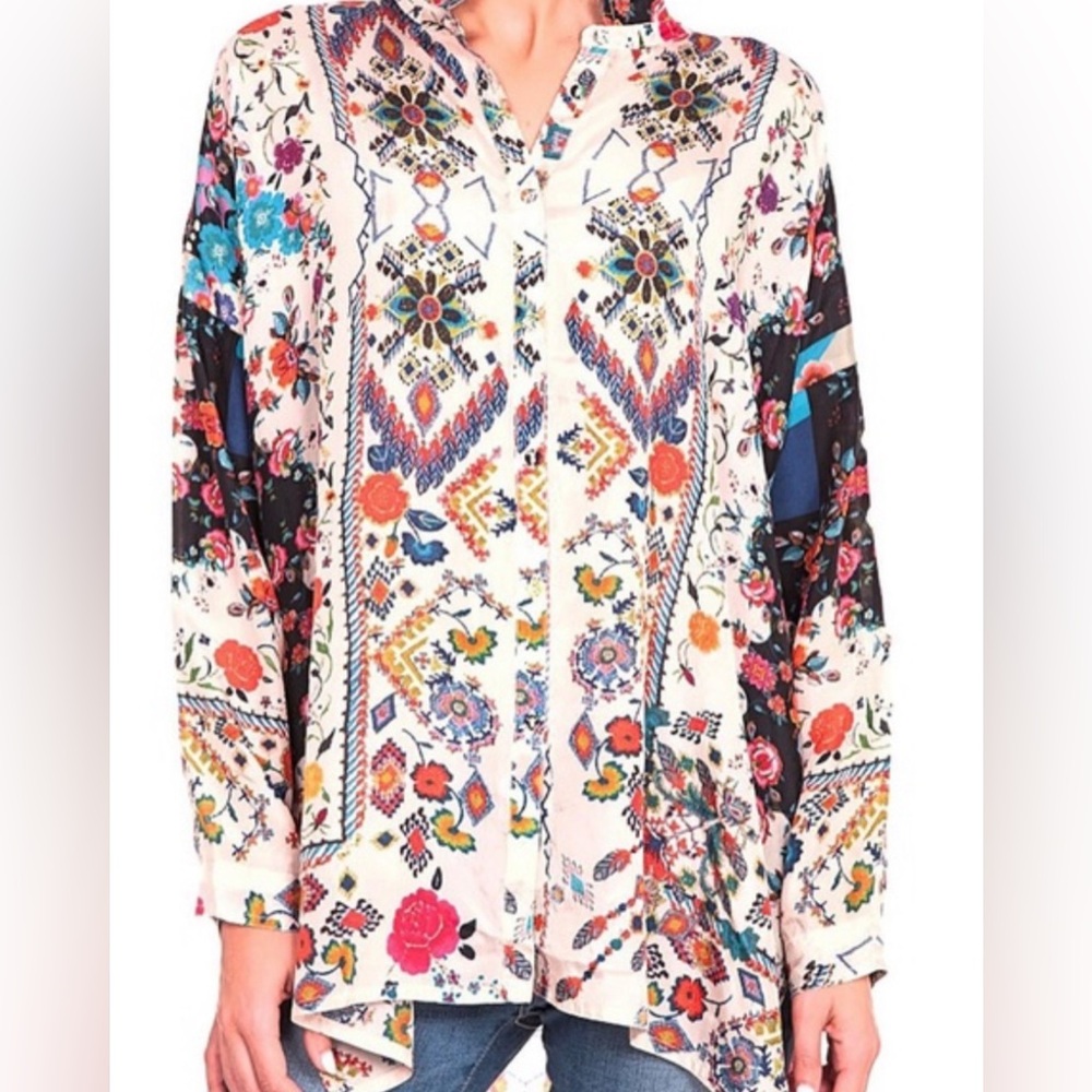 Johnny Was Miya Silk Tunic Blouse Button Front Floral Mixed Print Georgette XL